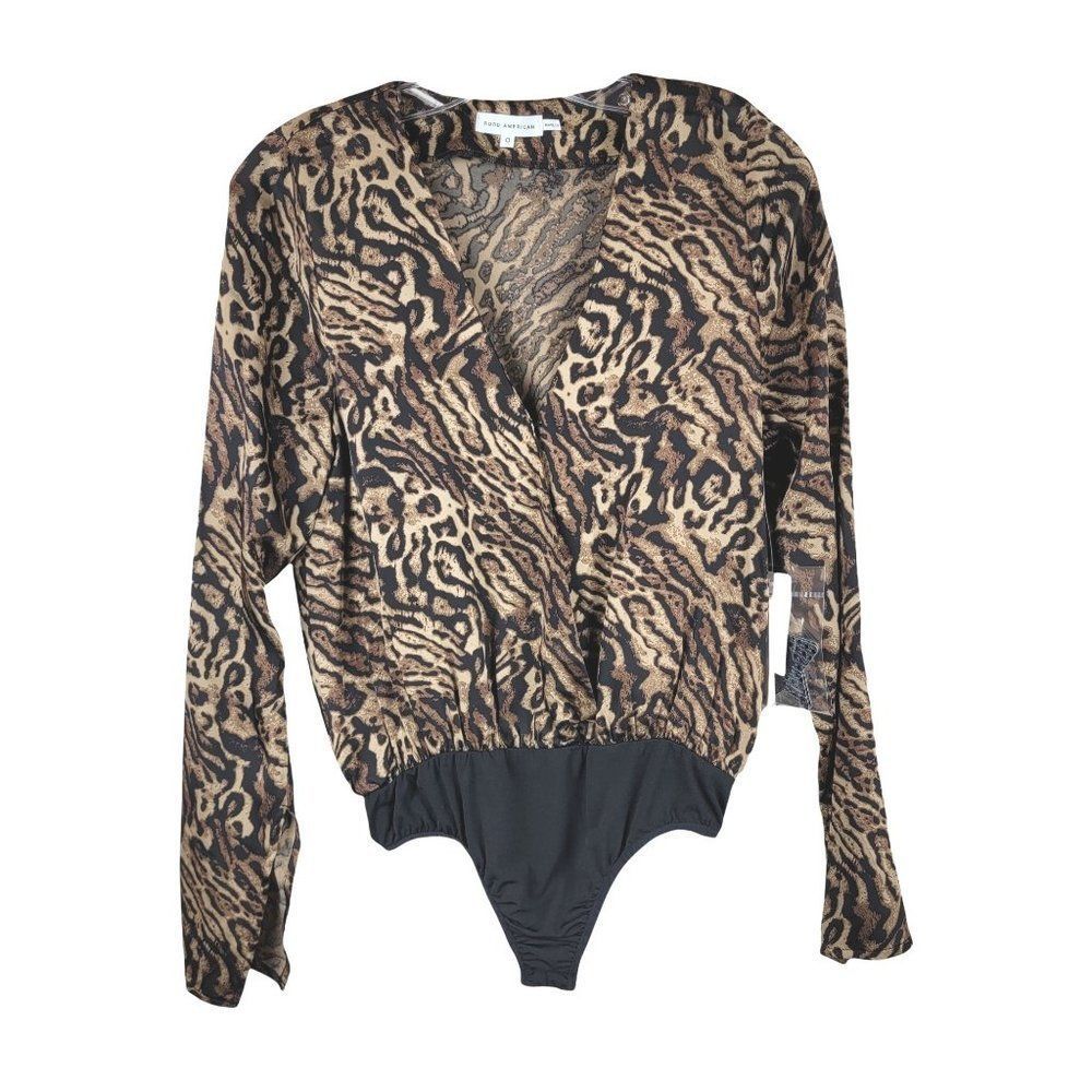 Good American Jaguar V Neck Long Sleeves Satin Wrap Bodysuit Size 0